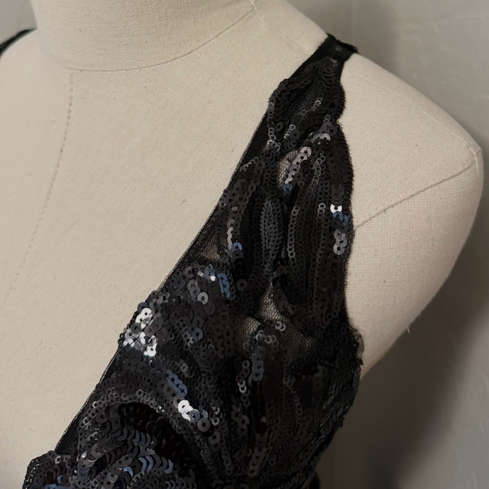 NEW JOVANI SZ 6 BLACK TWO PIECE ILLUSION SEQUIN TULLE FORMAL EVENING GOWN - Picture 5 of 14